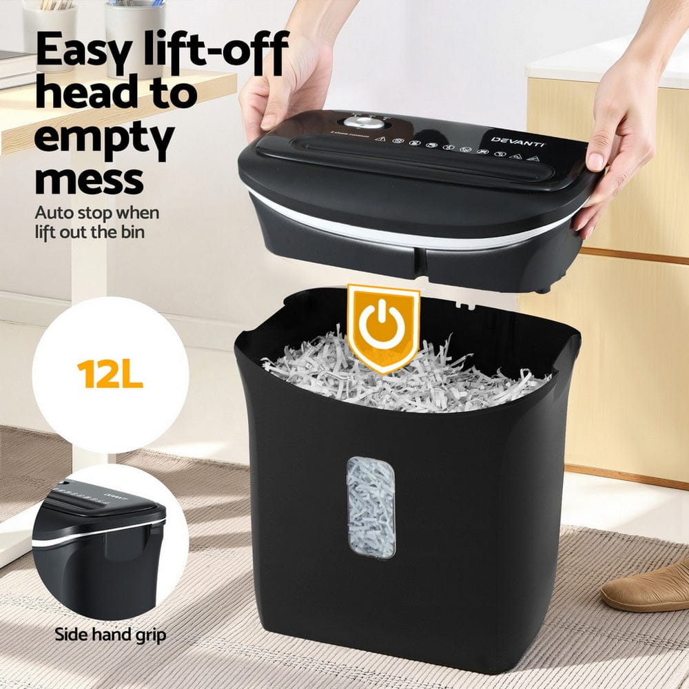 Devanti Electronics > Printers > Printers & Accessories Devanti 12L Cross-Cut Shredder 8-Sheet Paper Home Office Credit Card