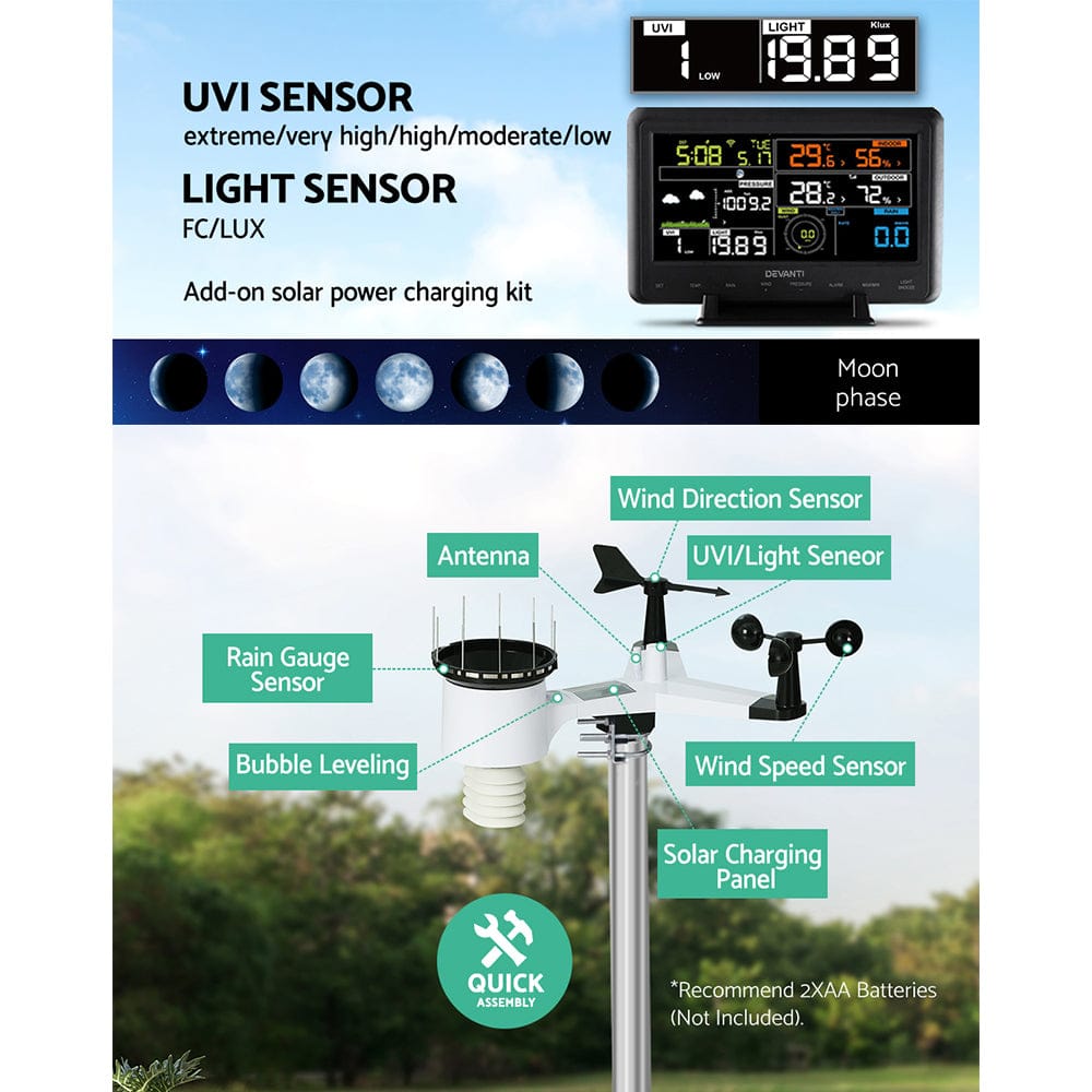 Devanti Home & Garden > Garden Tools > Gardening Tools Devanti Weather Station Indoor Outdoor Wireless WiFi Professional Solar Sensor