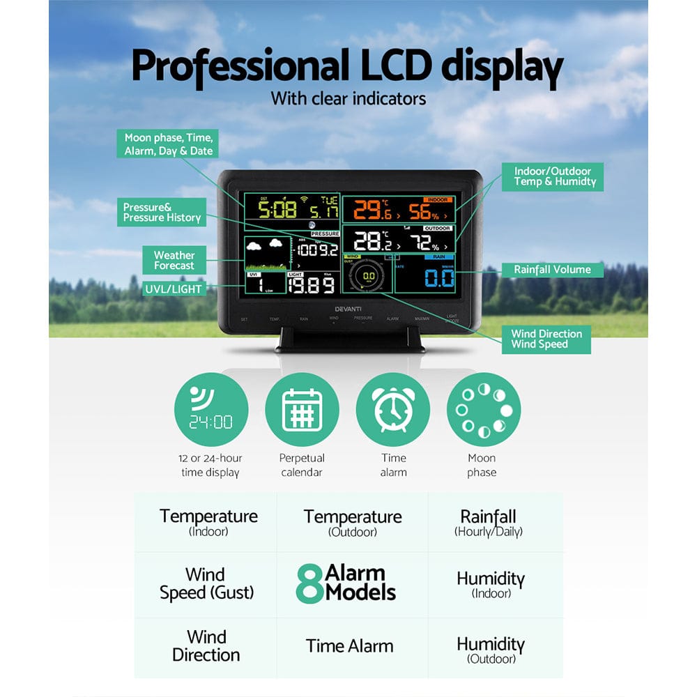 Devanti Home & Garden > Garden Tools > Gardening Tools Devanti Weather Station Indoor Outdoor Wireless WiFi Professional Solar Sensor