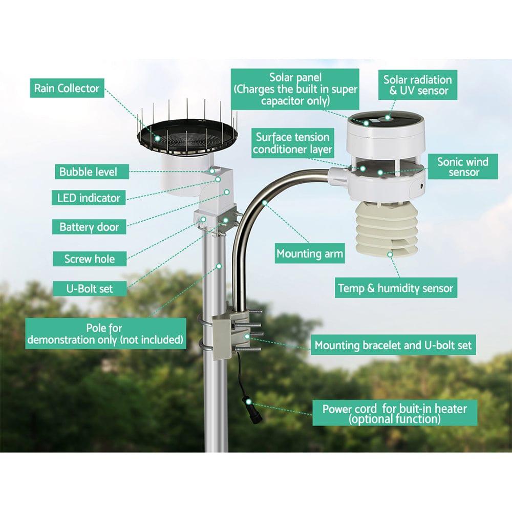 Devanti Home & Garden > Garden Tools > Gardening Tools Devanti Weather Station Ultrasonic Anemometer Outdoor WiFi Rain Gauge Solar