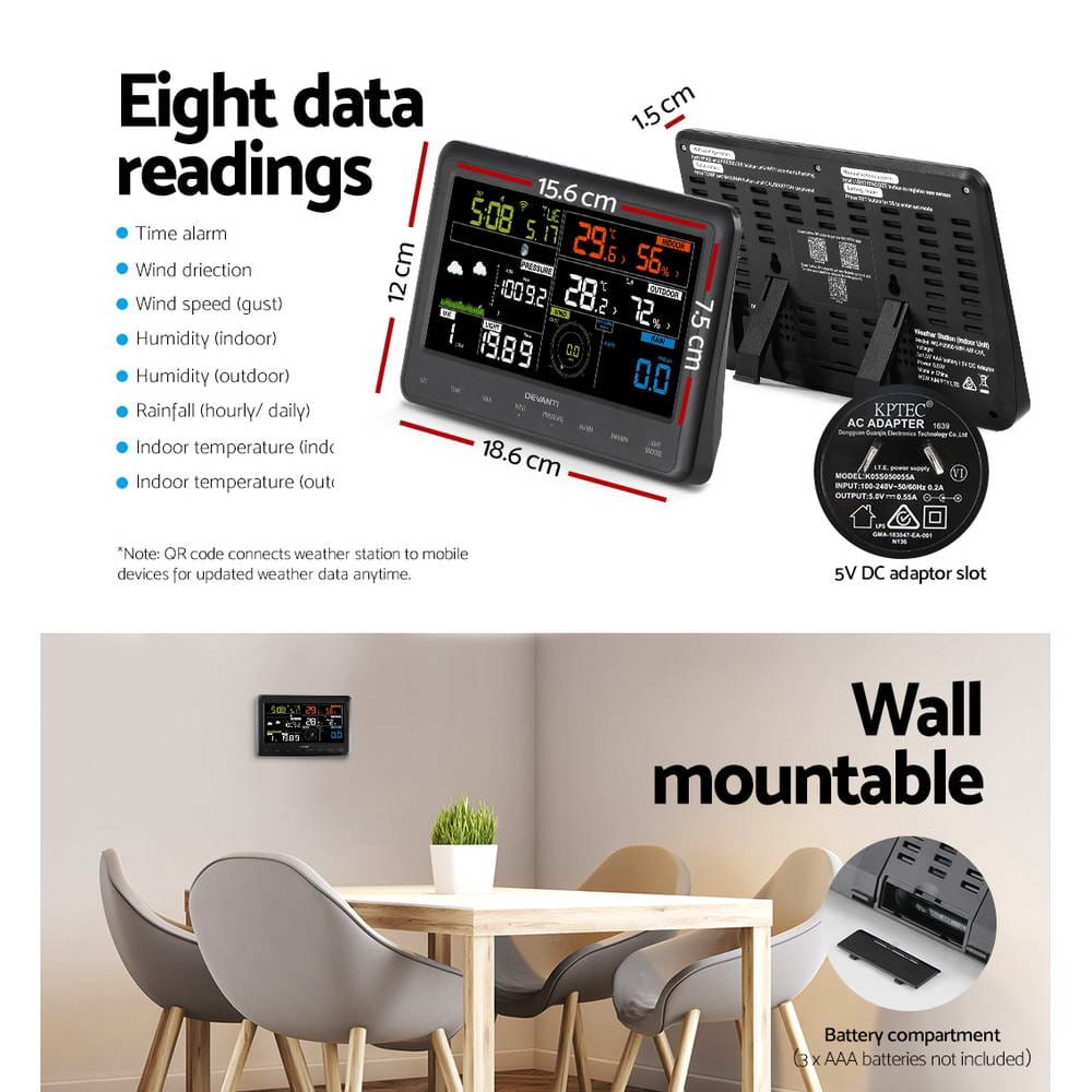 Devanti Home & Garden > Garden Tools > Gardening Tools Devanti Wireless WiFi Professional Weather Station Solar Sensor LCD UV Light