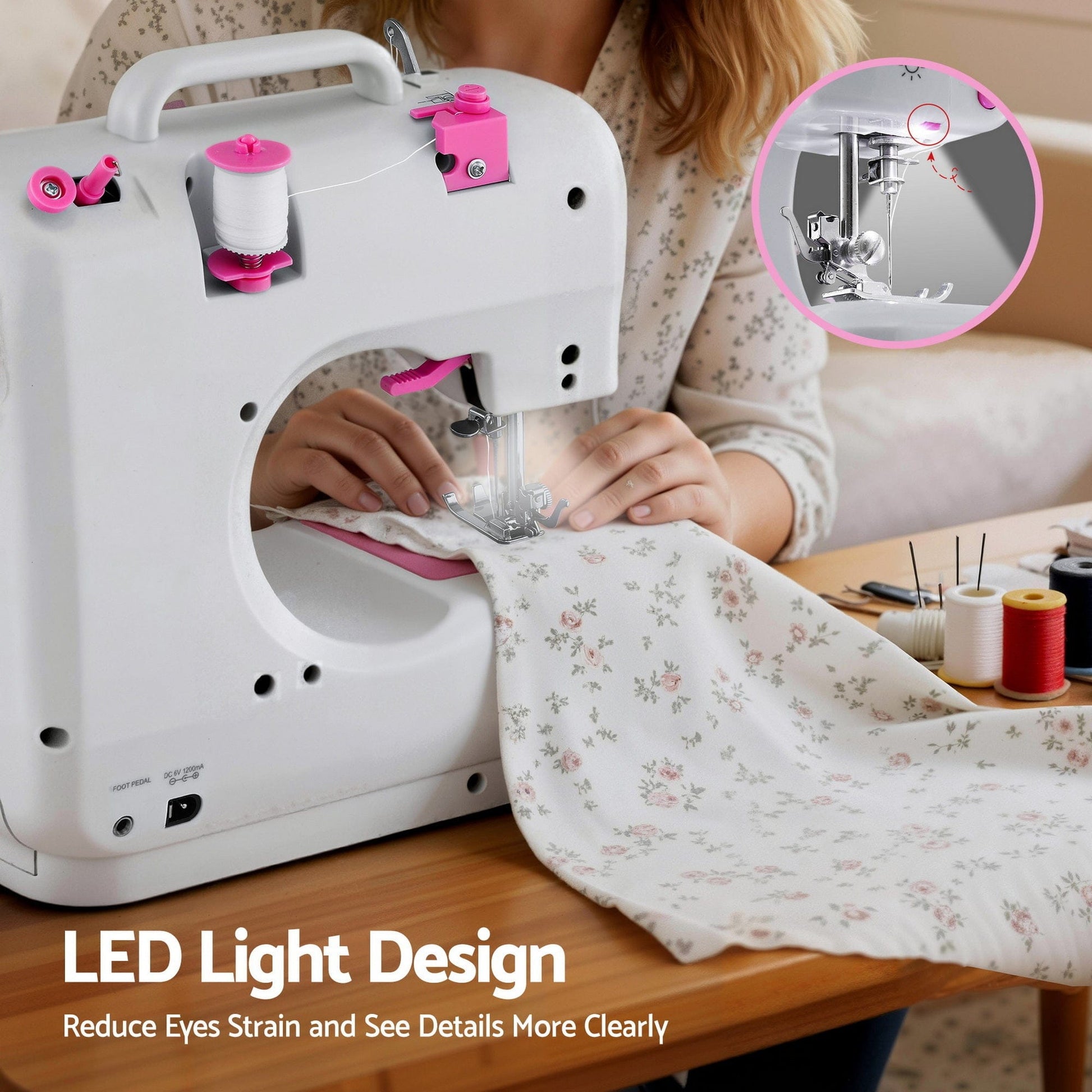 Devanti Home & Garden > Hobbies > Arts & Crafts Devanti 12 Stitches Mini Sewing Machine for Beginners Portable Sewing Machine Kit with LED Lights