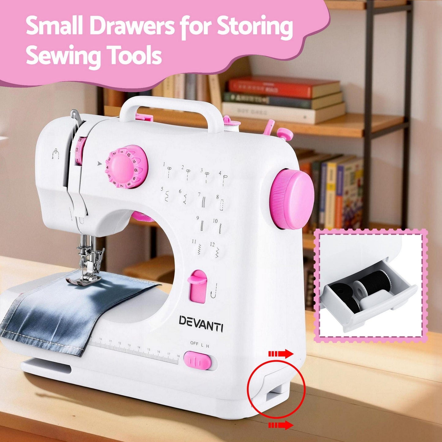 Devanti Home & Garden > Hobbies > Arts & Crafts Devanti 12 Stitches Mini Sewing Machine for Beginners Portable Sewing Machine Kit with LED Lights