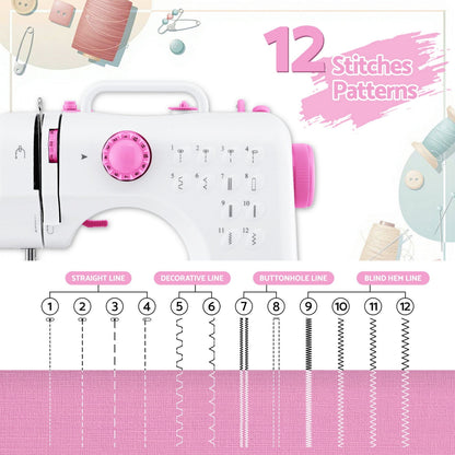 Devanti Home & Garden > Hobbies > Arts & Crafts Devanti 12 Stitches Mini Sewing Machine for Beginners Portable Sewing Machine Kit with LED Lights