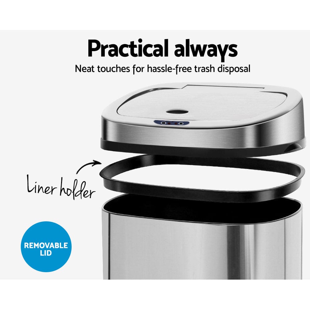 Devanti Home & Garden > Kitchen Bins > Automatic Bins Devanti 50L Motion Sensor Bin Rubbish Automatic Silver
