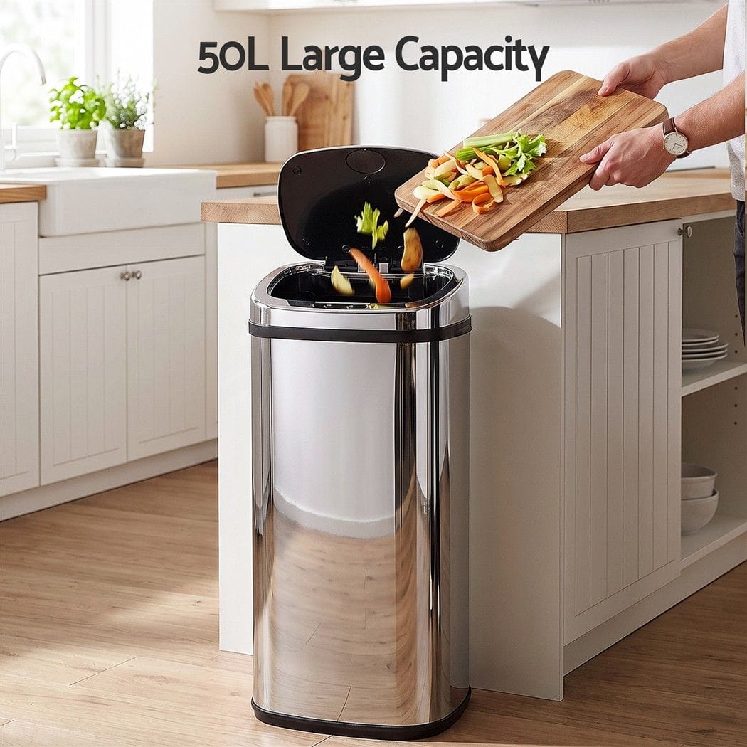 Devanti Home & Garden > Kitchen Bins > Automatic Bins Devanti 50L Motion Sensor Bin Rubbish Automatic Silver