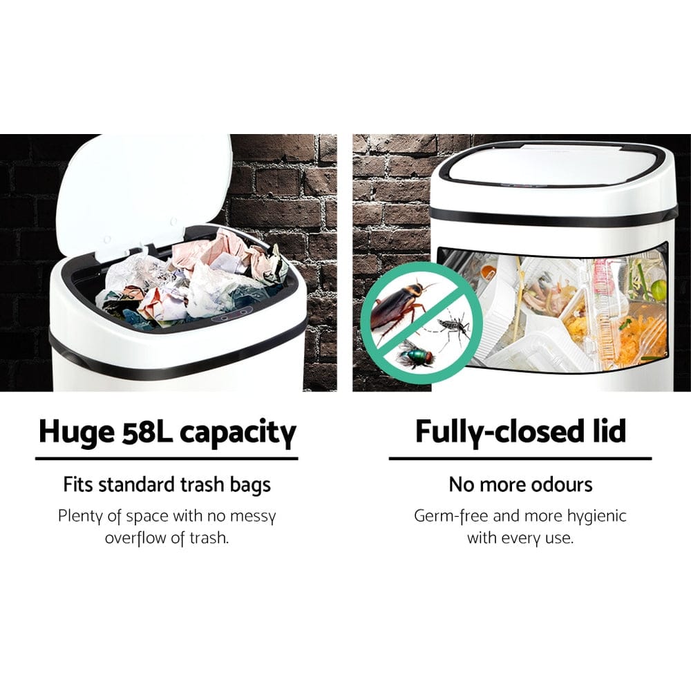 Devanti Home & Garden > Kitchen Bins > Automatic Bins Devanti 58L Motion Sensor Bin Rubbish Automatic White