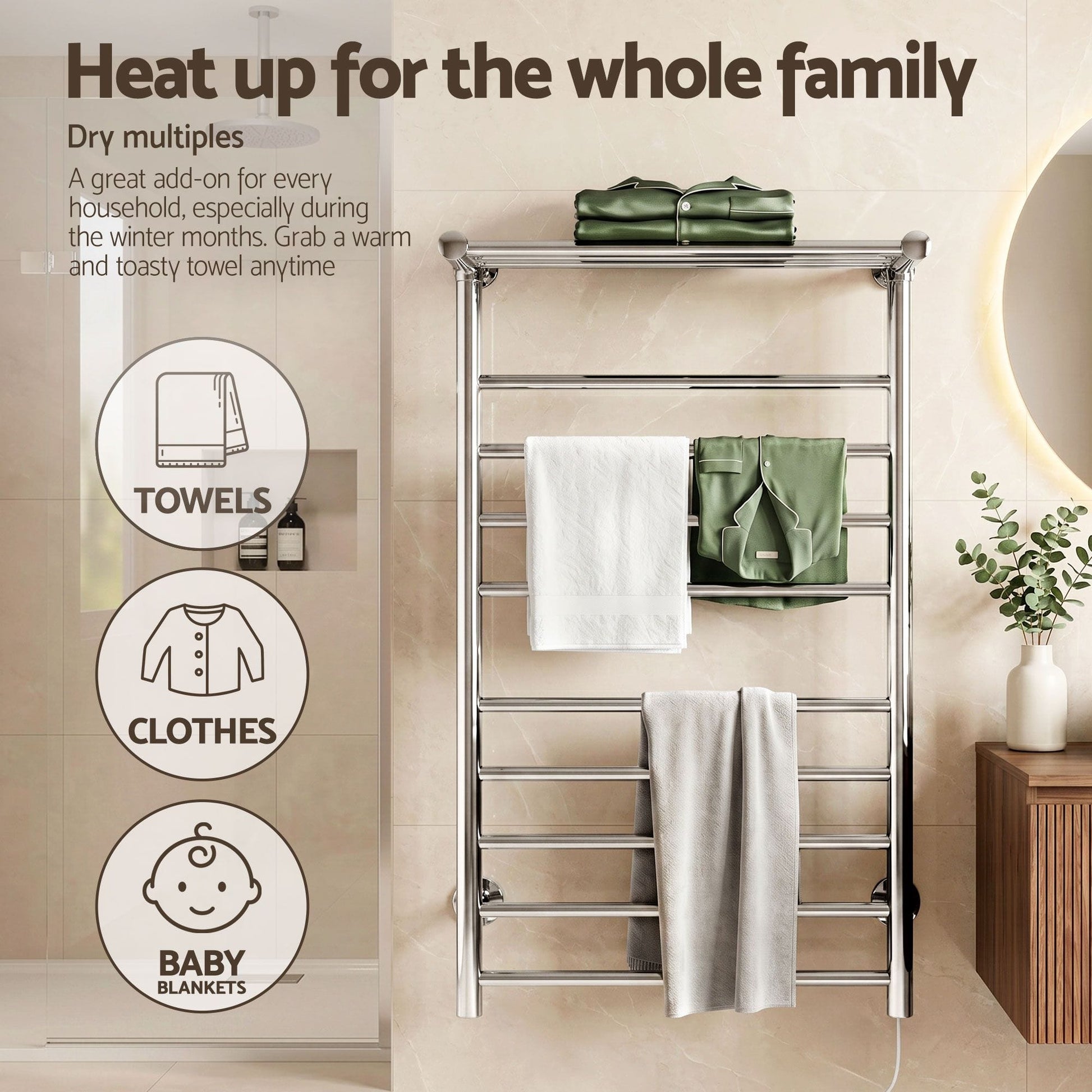 Devanti Home & Garden > Laundry & Cleaning > Drying Racks & Hangers Devanti Electric Heated Towel Rail Rack 14 Bars Wall Mounted Clothes Dry Warmer