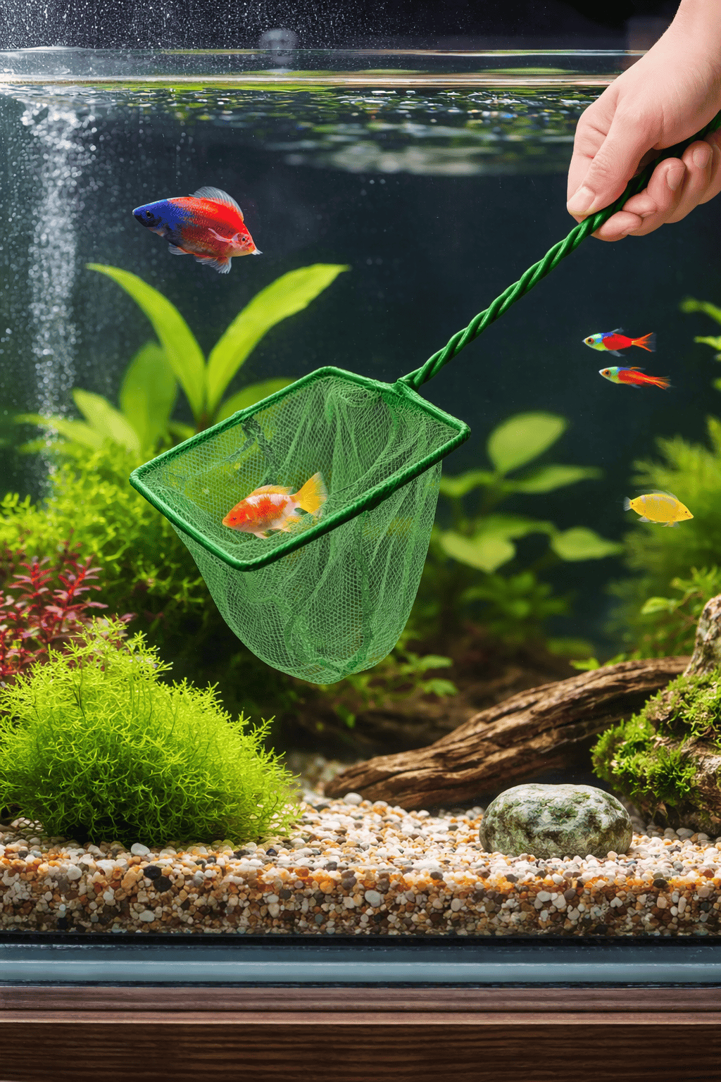 Dudley's World of Pets Fishing Net 34.5cm Green Fishing Net Handheld Wand Aquarium Cleaning Tank Fish Catch Tools