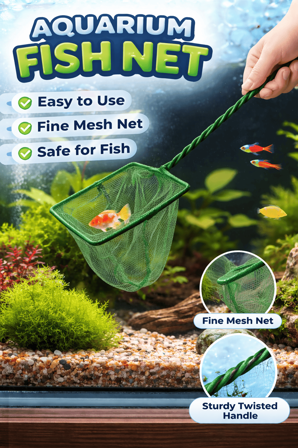 Dudley's World of Pets Fishing Net 34.5cm Green Fishing Net Handheld Wand Aquarium Cleaning Tank Fish Catch Tools