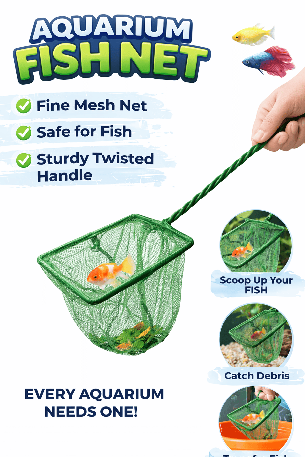 Dudley's World of Pets Fishing Net 34.5cm Green Fishing Net Handheld Wand Aquarium Cleaning Tank Fish Catch Tools