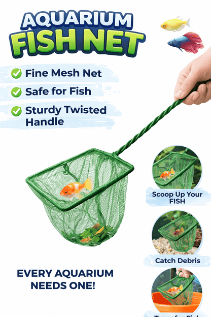 Dudley's World of Pets Fishing Net 34.5cm Green Fishing Net Handheld Wand Aquarium Cleaning Tank Fish Catch Tools