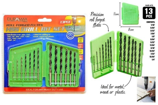 Duramax 13PCS Size Drill Bit Set HSS Wire Gauge 1 to 6.5mm Length  Metal Wood Plastic