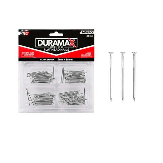 Duramax 140Pk Flat Head Nails Long Plain Shank 2x38mm Zinc Coated Crates Pallets Cases