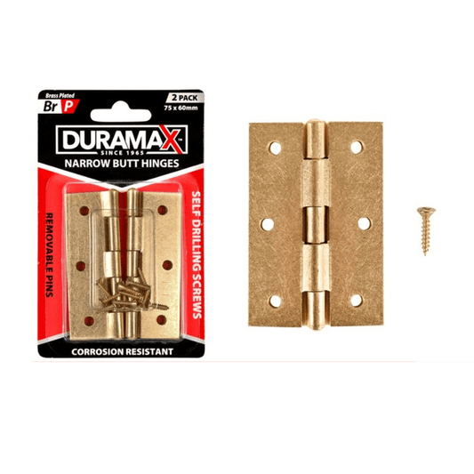 Duramax 2 Pce Narrow Butt Hinge 75mm Door Window Hinges Brass Plated Screw
