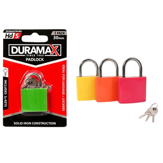 Duramax 30mm Heavy Duty Padlock Shackle Solid Iron Luggage Lock Cut Resistance + 3 keys