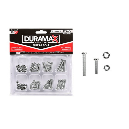 Duramax 77pce Nuts & Bolts - 8 Assorted Sizes Resist Rust Corrosion Phillips Zinc Coated
