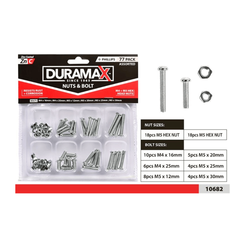 Duramax 77pce Nuts & Bolts - 8 Assorted Sizes Resist Rust Corrosion Phillips Zinc Coated