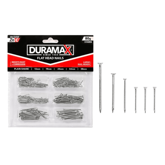 Duramax 80g Flat Head Nails Long Plain Shank 13mm 19mm 25mm 32mm 38mm Zinc DIY Tools