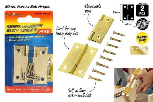 Duramax Hinges 2 Pce Narrow Butt Hinge 50mm Door Window Hinges Brass Plated Screw