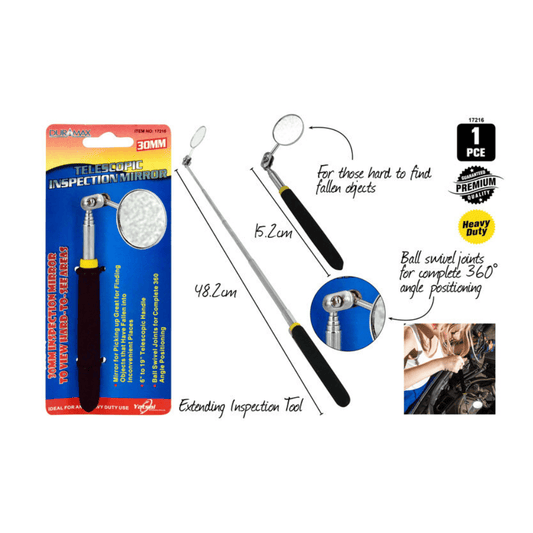 DuraMax Inspection Mirrors Telescopic Inspection Mirror 30mm Swivel Joint 360 Angle 6" to 19" Handle