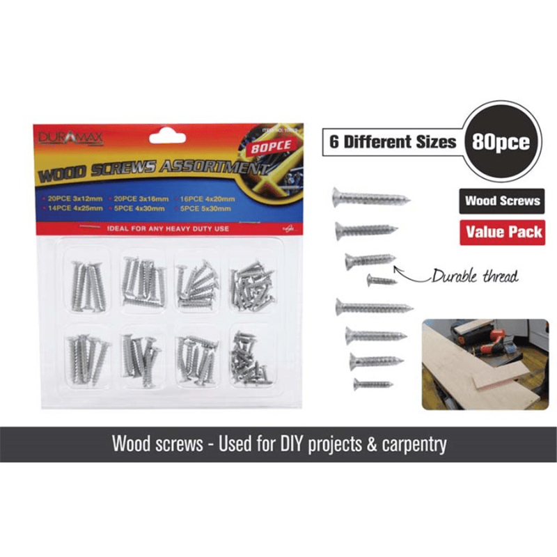 Duramax Screws 80PCS Chipboard Screws Kit Timber Wood Screws Countersunk Assortment Value Pack
