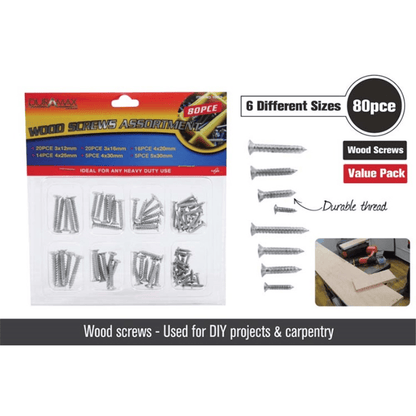 Duramax Screws 80PCS Chipboard Screws Kit Timber Wood Screws Countersunk Assortment Value Pack