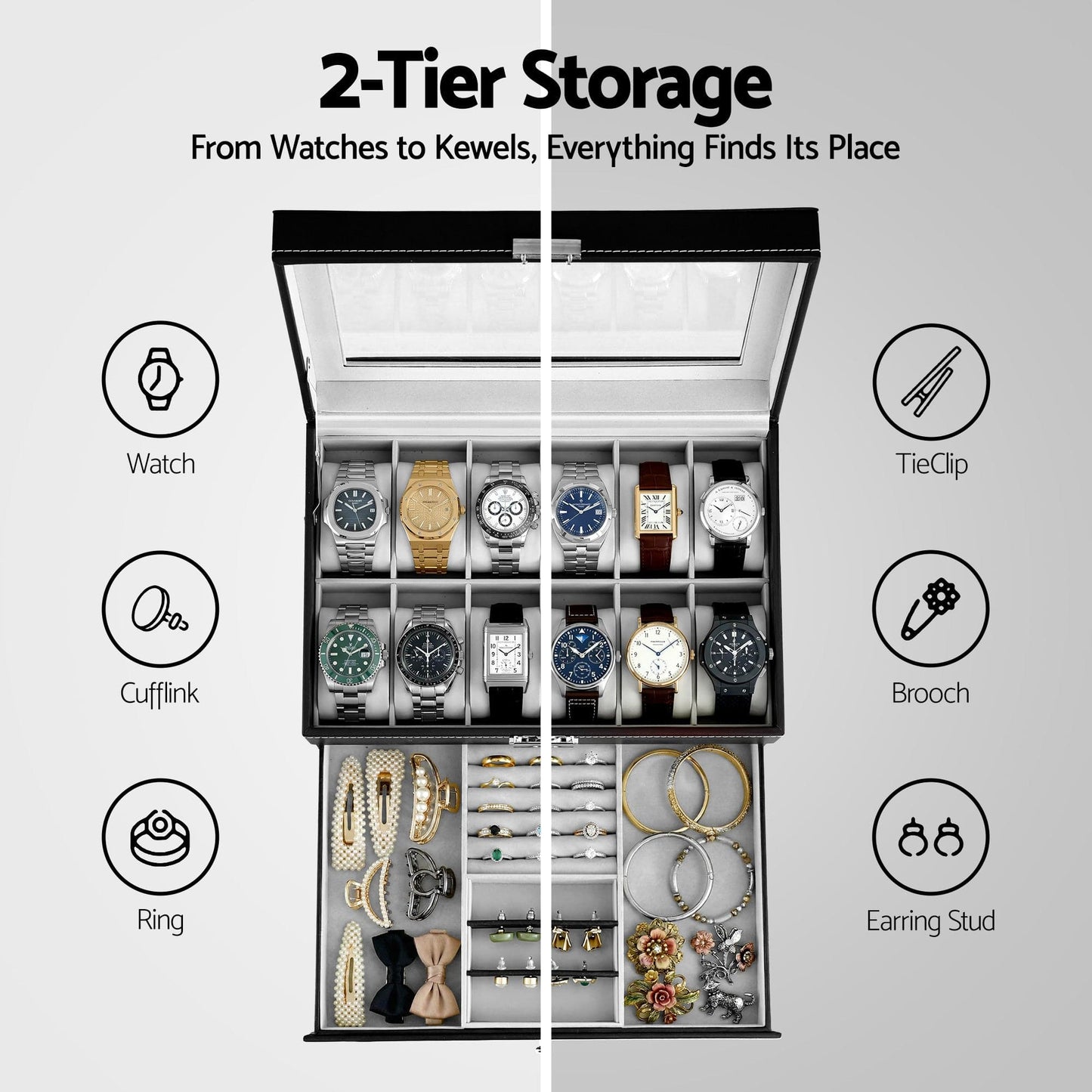 Embellir Fashion > Men's Fashion > Men's Accessories Embellir 12 Grids Watch Box Organizer Case Jewelry Display Storage Showcase