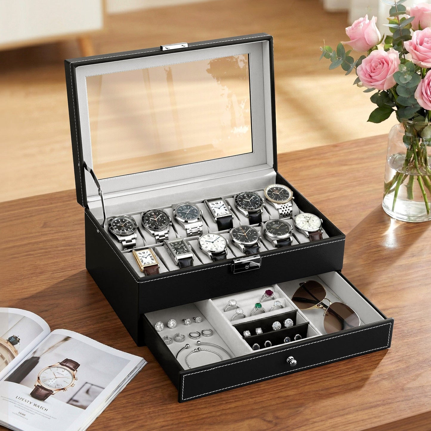 Embellir Fashion > Men's Fashion > Men's Accessories Embellir 12 Grids Watch Box Organizer Case Jewelry Display Storage Showcase