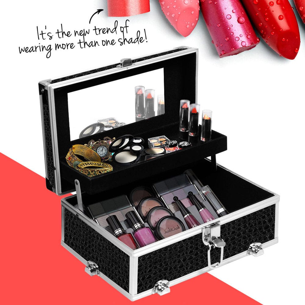 Embellir Health & Beauty > Cosmetic Storage > Cosmetic & Toiletry Bags Embellir Portable Cosmetic Beauty Makeup Carry Case with Mirror - Crocodile Black