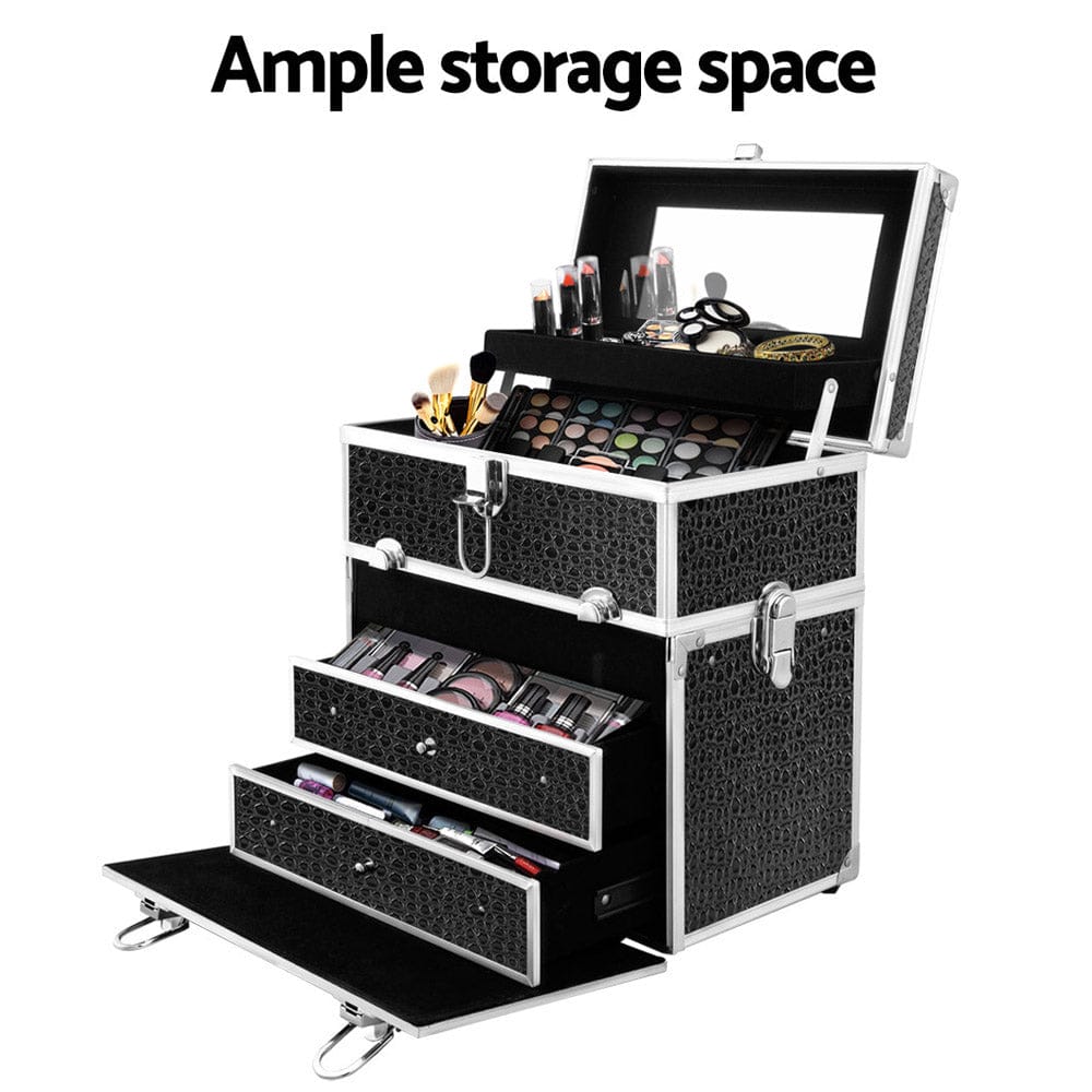 Embellir Health & Beauty > Cosmetic Storage > Cosmetic & Toiletry Bags Embellir Portable Cosmetic Beauty Makeup Carry Case with Mirror - Crocodile Black