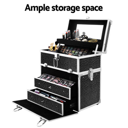 Embellir Health & Beauty > Cosmetic Storage > Cosmetic & Toiletry Bags Embellir Portable Cosmetic Beauty Makeup Carry Case with Mirror - Crocodile Black
