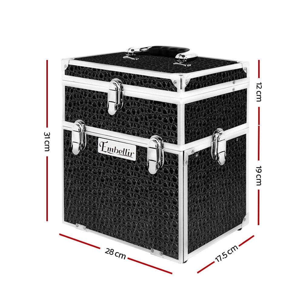 Embellir Health & Beauty > Cosmetic Storage > Cosmetic & Toiletry Bags Embellir Portable Cosmetic Beauty Makeup Carry Case with Mirror - Crocodile Black