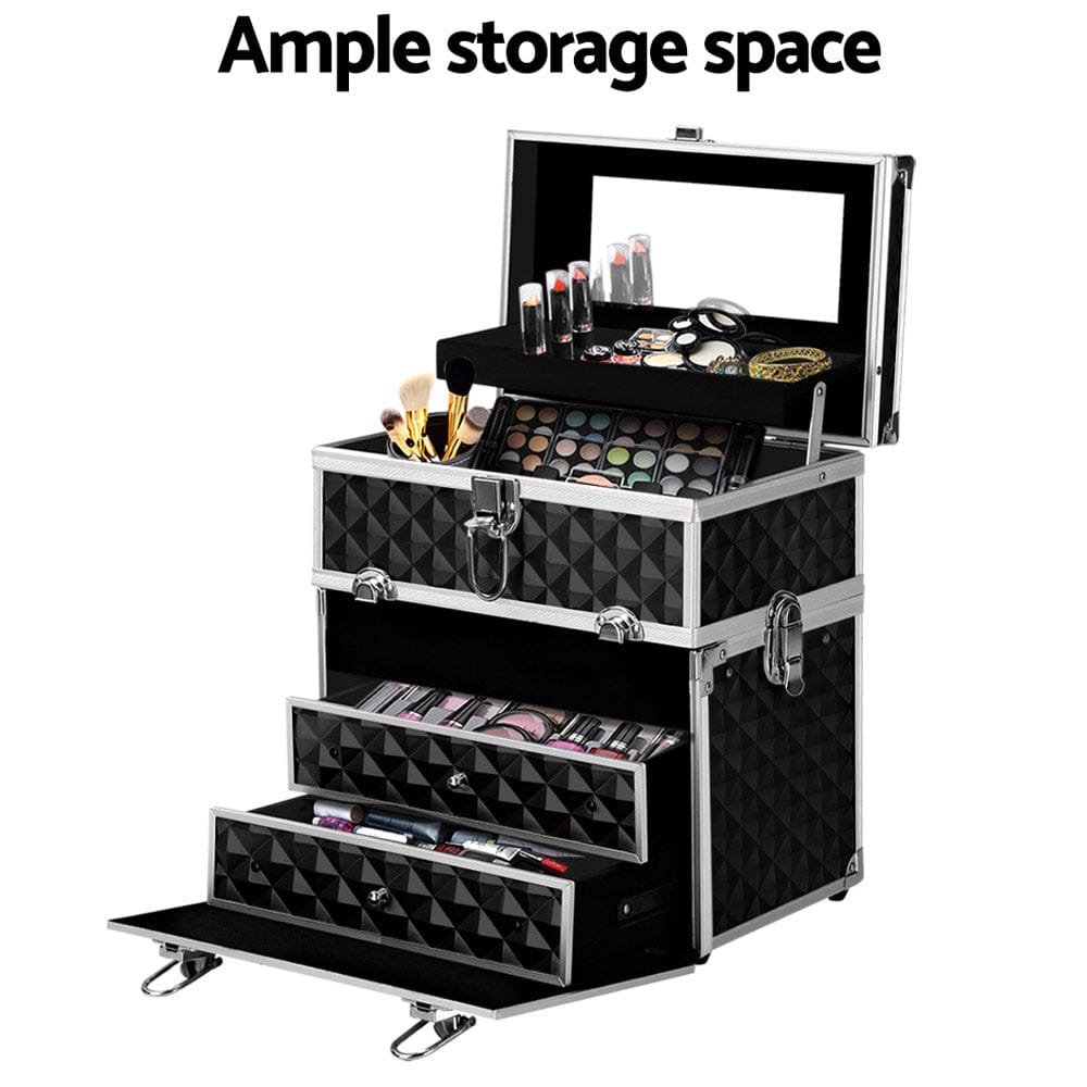 Embellir Health & Beauty > Cosmetic Storage > Cosmetic & Toiletry Bags Embellir Portable Cosmetic Beauty Makeup Carry Case with Mirror - Diamond Black