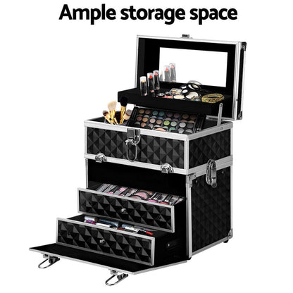 Embellir Health & Beauty > Cosmetic Storage > Cosmetic & Toiletry Bags Embellir Portable Cosmetic Beauty Makeup Carry Case with Mirror - Diamond Black
