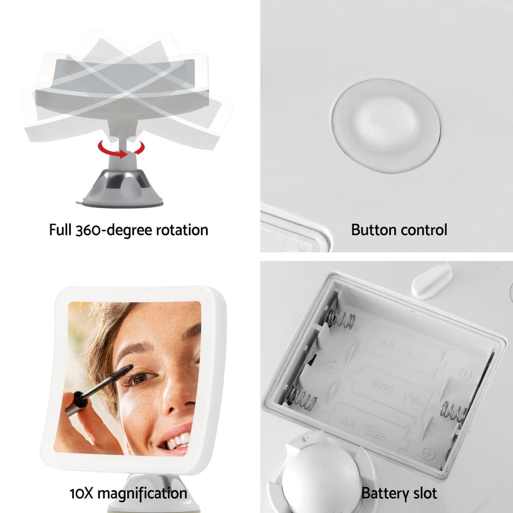 Embellir Health & Beauty > Makeup > Makeup Mirrors Embellir Makeup Mirror 10X Magnification LED Light Adjustable Rotation Cordless Suction Cup