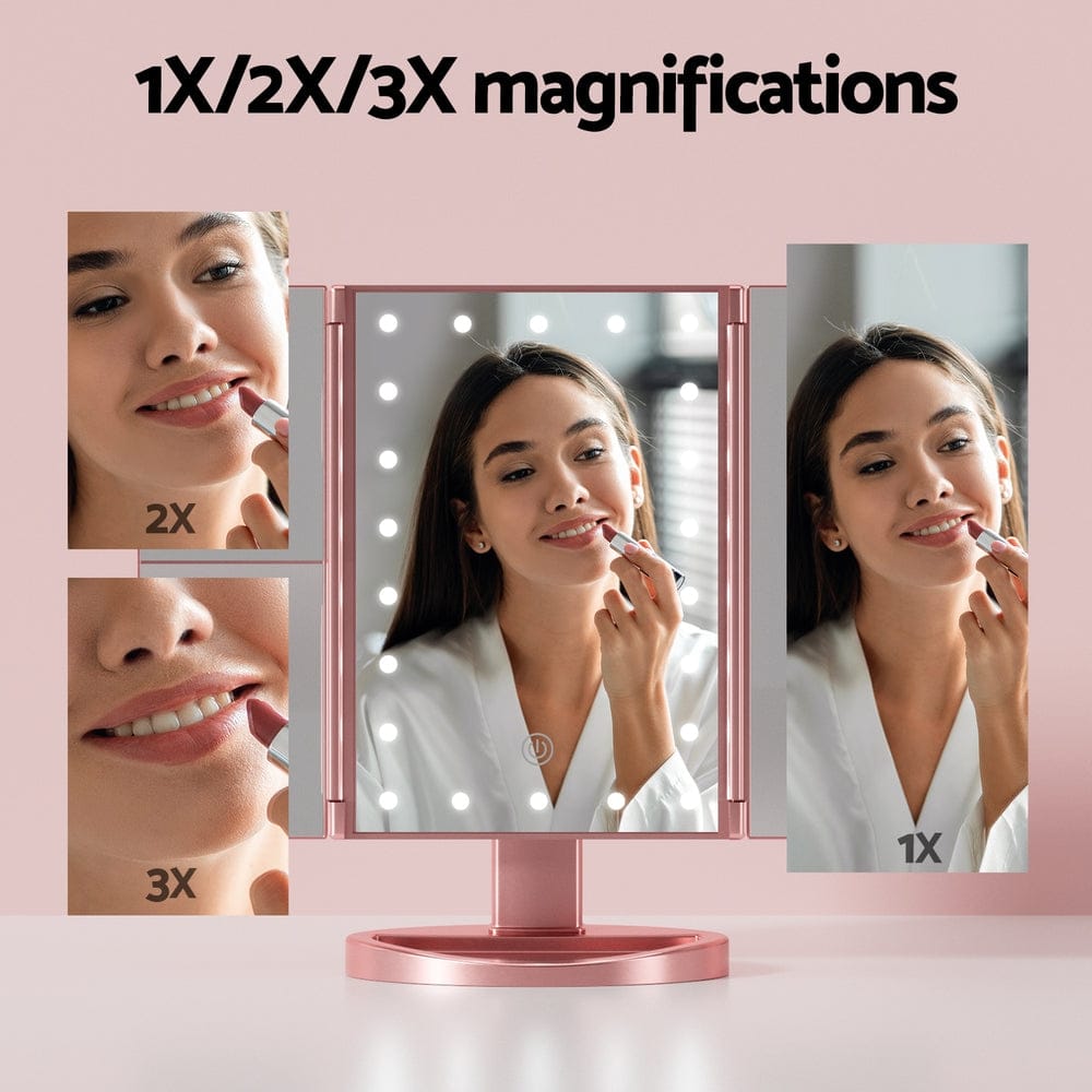 Embellir Health & Beauty > Makeup > Makeup Mirrors Embellir Tri-fold Makeup Mirror 1X2X3X Magnifying with LED Light Travel Portable Pink