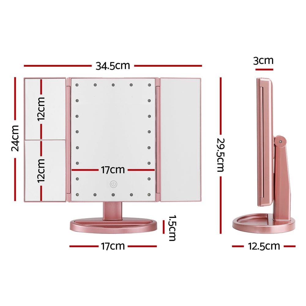 Embellir Health & Beauty > Makeup > Makeup Mirrors Embellir Tri-fold Makeup Mirror 1X2X3X Magnifying with LED Light Travel Portable Pink