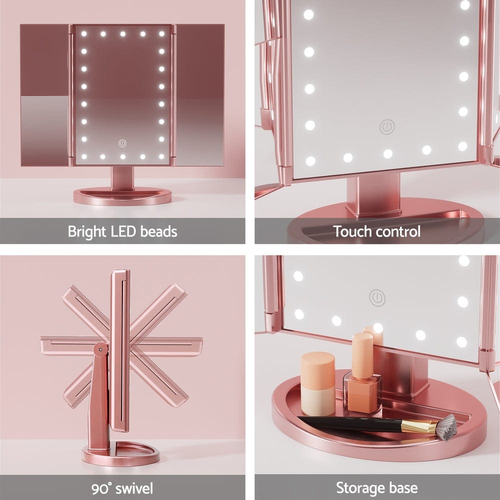 Embellir Health & Beauty > Makeup > Makeup Mirrors Embellir Tri-fold Makeup Mirror 1X2X3X Magnifying with LED Light Travel Portable Pink