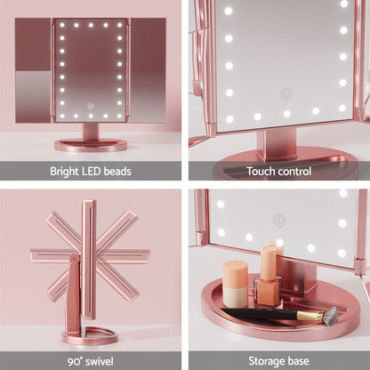 Embellir Health & Beauty > Makeup > Makeup Mirrors Embellir Tri-fold Makeup Mirror 1X2X3X Magnifying with LED Light Travel Portable Pink