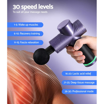 Everfit Health & Beauty > Massage & Relaxation > Massagers Everfit 30 Speed Massage Gun 4 Heads Vibration Muscle Massager Chargeable Purple