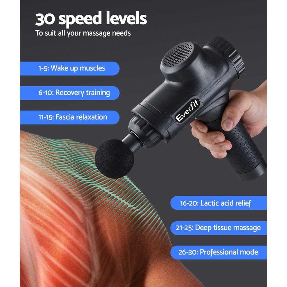 Everfit Health & Beauty > Massage & Relaxation > Massagers Everfit Massage Gun 30 Speed 6 Heads Vibration Muscle Massager Chargeable Black