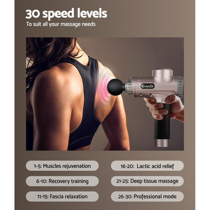 Everfit Health & Beauty > Massage & Relaxation > Massagers Everfit Massage Gun 30 Speed 6 Heads Vibration Muscle Massager Chargeable Gold