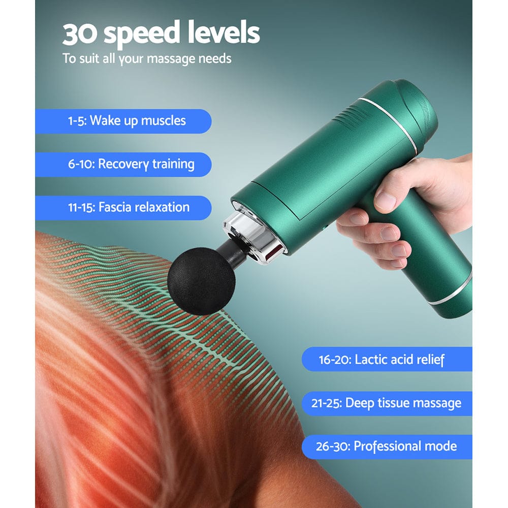 Everfit Health & Beauty > Massage & Relaxation > Massagers Everfit Massage Gun 30 Speed 6 Heads Vibration Muscle Massager Chargeable Green