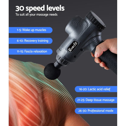 Everfit Health & Beauty > Massage & Relaxation > Massagers Everfit Massage Gun 30 Speed 6 Heads Vibration Muscle Massager Chargeable Grey