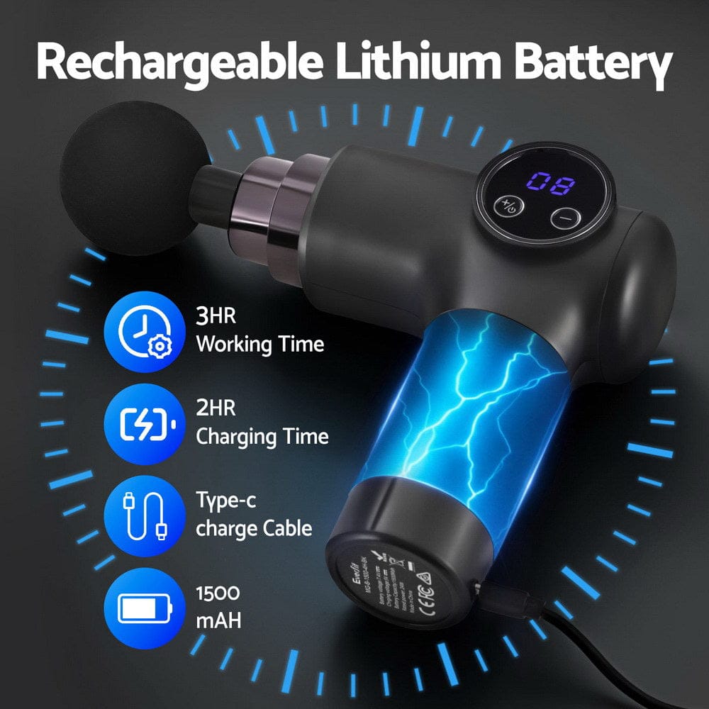 Everfit Health & Beauty > Massage & Relaxation > Massagers Everfit Massage Gun 8 Speed 4 Heads Vibration Muscle Massager Chargeable Black