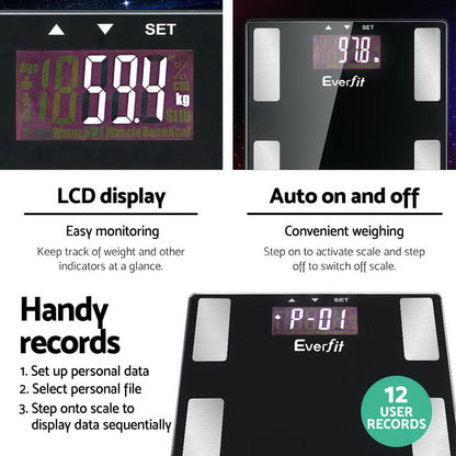 Everfit Home & Garden > Scales > Bathroom Scales Everfit Body Fat Bathroom Scale Weighing BMI Monitor Gym 180KG
