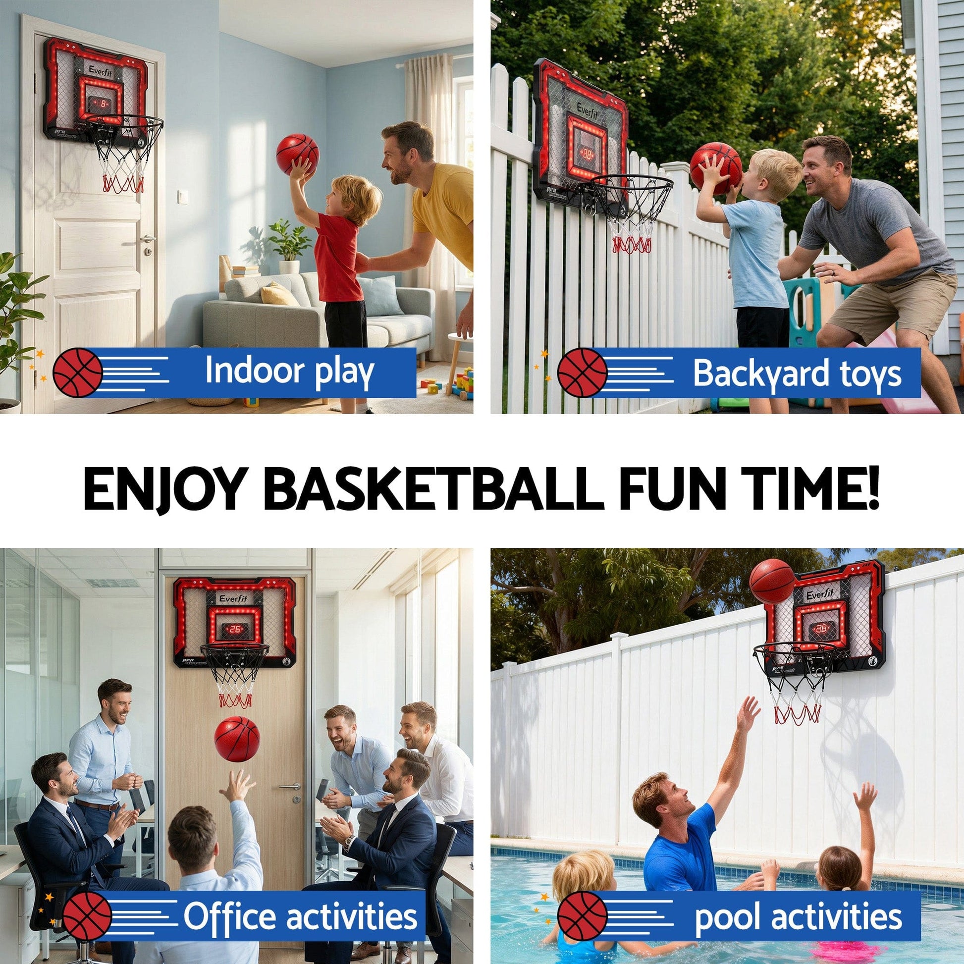 Everfit Sports & Fitness > Ball Sports > Basketball & Basketball Accessories Everfit Mini Basketball Hoop Over Door Indoor LED Scoreboard Kids Set 40x30cm