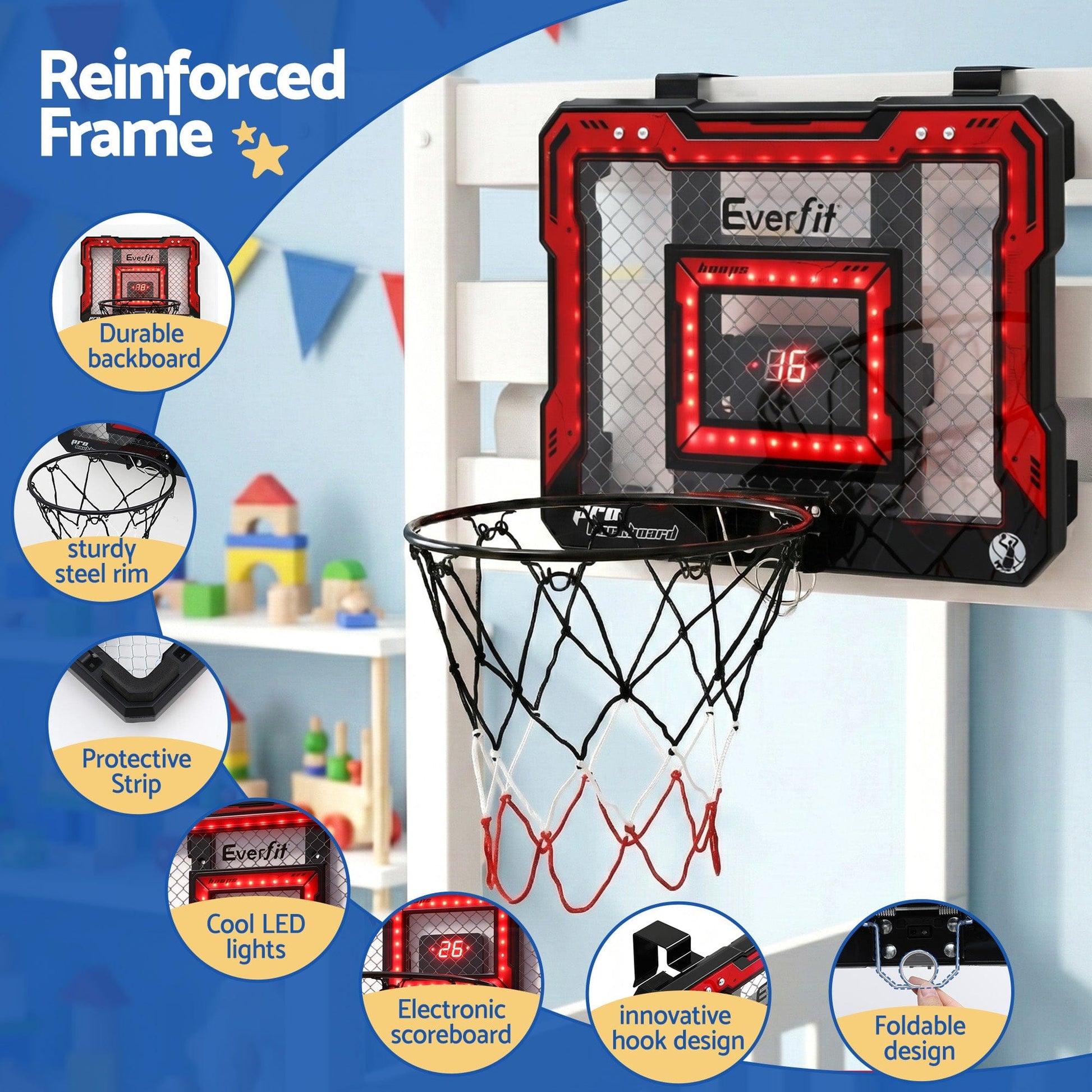 Everfit Sports & Fitness > Ball Sports > Basketball & Basketball Accessories Everfit Mini Basketball Hoop Over Door Indoor LED Scoreboard Kids Set 40x30cm