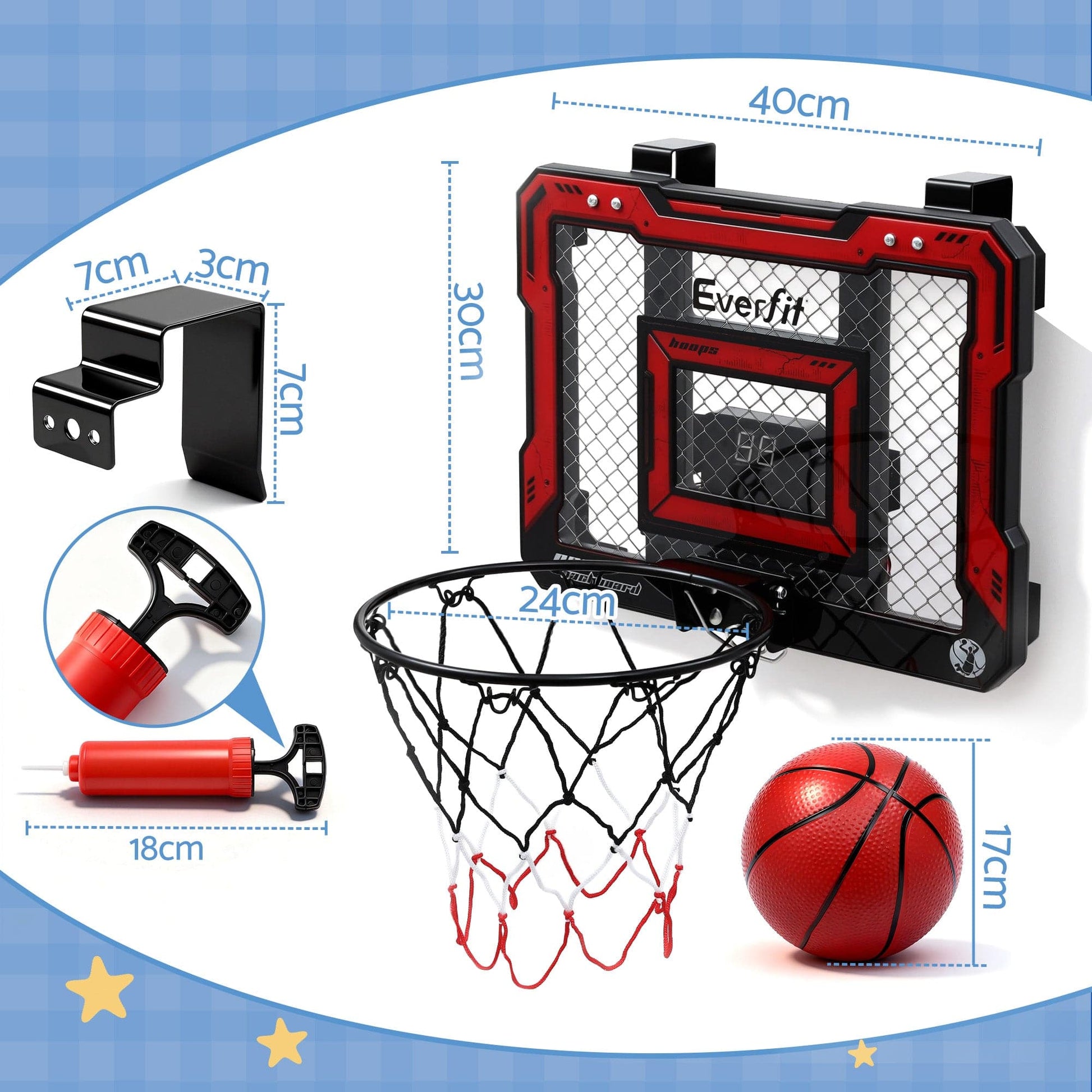 Everfit Sports & Fitness > Ball Sports > Basketball & Basketball Accessories Everfit Mini Basketball Hoop Over Door Indoor LED Scoreboard Kids Set 40x30cm